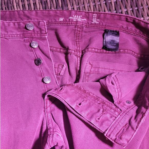 H&M LOGG Red Button Fly Straight Leg Jeans Sz 18/32 100% Cotton Burgundy - Picture 9 of 9